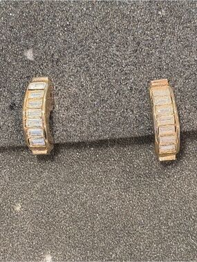 Christian Dior Gold Tone Crystal Baguette Huggie Clip On Hoop Earrings